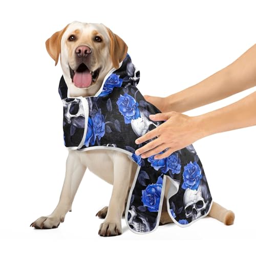 Sugar Skulls with Blue Rose Flowers Bathrobe for Dogs and Cats Super Absorbent Dog Drying Robe Adjustable Collar & Belly Strap Quick Drying Cat Bathing Supplies, M von CHIFIGNO