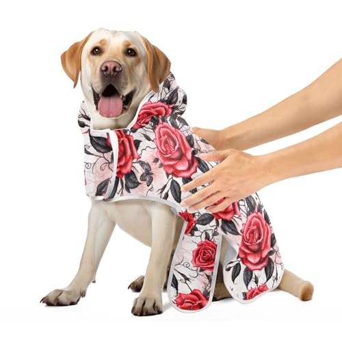 Valentinstag Rote Rosen Blumen Hundebademäntel Saugfähig Schnell Trocknend Badetuch Robe mit Magie Aufkleber Kragen Hund Badezubehör S von CHIFIGNO