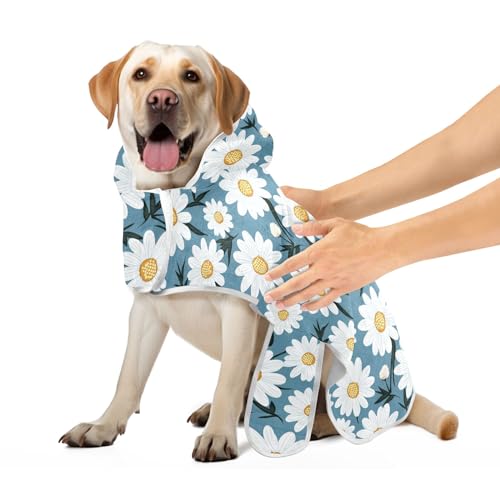 Weiße Gänseblümchen auf blauem Hundemantel für nach dem Bad, super saugfähige Hundebadetücher, niedlich, schnell trocknend, Größe S von CHIFIGNO