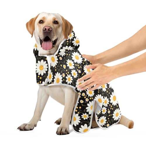 Weiße und gelbe Gänseblümchen-Hundebademäntel mit magischem Aufkleber-Halsband, Hundebadetücher, leicht, schnell trocknend, Katzen-Badezubehör, Größe S von CHIFIGNO