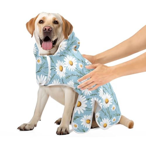 White Daisy on Turquoise Blue Dog Drying Coat Machine Washable Dog Towel Robe Absorbent Fast Drying Pet Dog Cat Bath Robe Towel, S von CHIFIGNO