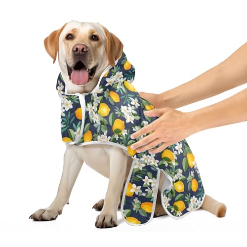 White Flowers Lemon Fruits Dog Robe Absorbent Quick Drying Dog Bathrobe Towel Adjustable Collar & Belly Strap Dog Absorbent Towel, S von CHIFIGNO