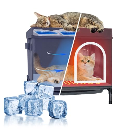 Kühlendes Katzenhaus – Doppelnutzungs-Katzenbett mit beheiztem Pad und Ventilator – Faltbare, langlebige Kühlung, Klimaanlage mit 10 Kühlakkus – alle Jahreszeiten im heißen Sommer und im kalten Winter von CHIYI