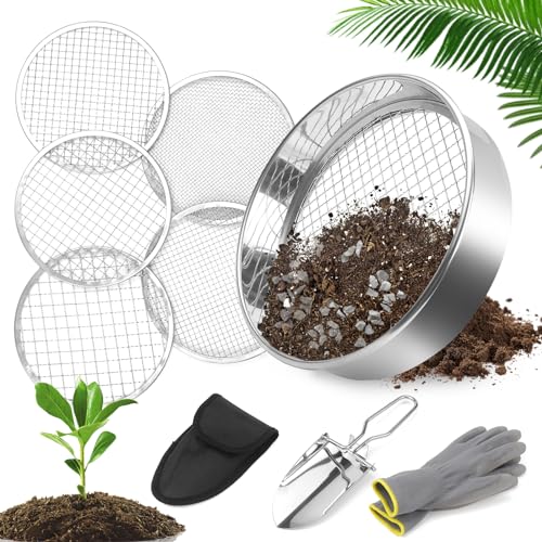 CHRI 5 in1 Gartensieb aus Edelstahl, Kompostsieb Erdsieb 20 cm mit 5 Austauschbare Siebeinsätze Ø 3,6,9,10,12 mm Gartensieb Erde Durchwurfsieb für Erde, Kompost, Saatgut von CHRI