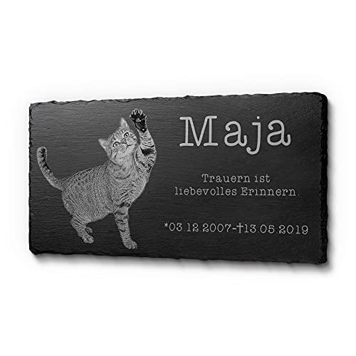 CHRISCK design Katzengrabstein für Hunde & Katzen aus Schiefer mit Gravur | Grabtafel 100% frei gestaltbar | 20 x 10 cm wetterfest & personalisiert von CHRISCK design