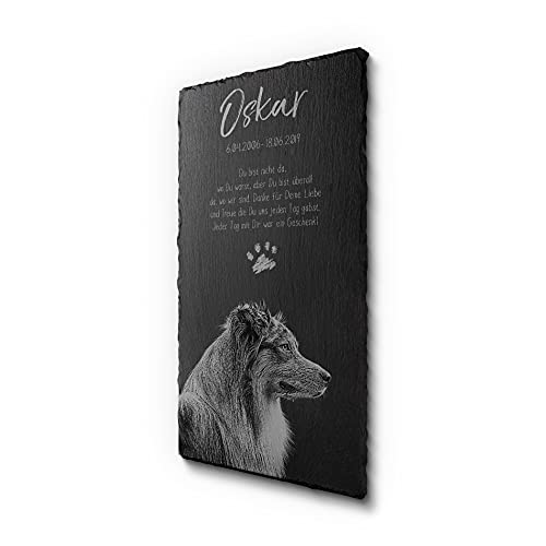 CHRISCK design Tiergrabstein mit personalisierter Gravur für Haustiere aus Schiefer | Grabtafel für Hunde und Katzen mit Text | Schöne Hundegrabstein in 30 x 60 cm von CHRISCK design