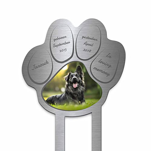 Edelstahl Grabstecker Hund Katze - Blumenstecker Pfote mit Foto | Personalisierter Metall Grabschmuck wetterfest Tiere | Tiergrab Hundegrab Katzengrab Deko | Trauer Andenken (Personalisierbar) von CHRISCK design