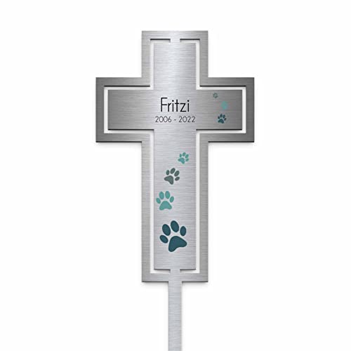 Edelstahl Grabstecker Kreuz Hund Katze - Blumenstecker Tier | Personalisierter Metall Grabschmuck wetterfest Tiere | Tiergrab Hundegrab Katzengrab Deko | Trauer Andenken (Personalisierbar) von CHRISCK design