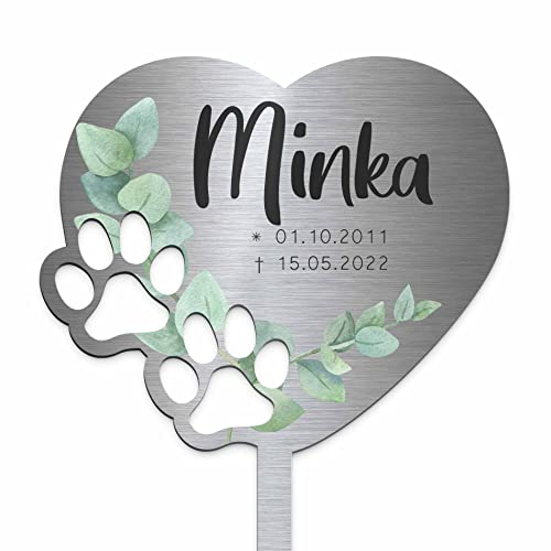 Edelstahl Grabstecker für Hund Katze - Blumenstecker Herz mit Pfoten - Gartenstecker | Personalisierter Metall Grabschmuck wetterfest Tiere | Tiergrab Deko | Trauer Andenken (Personalisierbar) von CHRISCK design