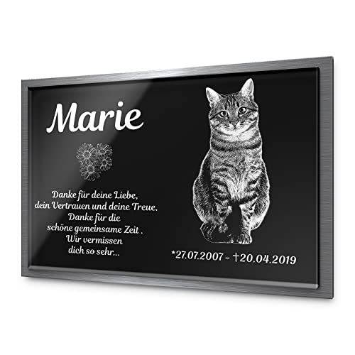 Premium Tier Grabstein aus edlem Hochglanz Acrylglas und Edelstahl | 100% witterungsbeständig Grabplatte mit Foto Bild Text Gravur 30x20 cm Gedenktafel für Haustiere Hund Katze mit über 40 Motiven von CHRISCK design