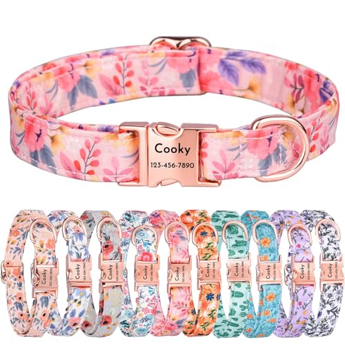 CHRYMPETIC Hundehalsband mit niedlichem Blumendesign, personalisierbares Hundehalsband mit Name, eingraviertem Haustiername und Telefonnummer (Muster E, S (25,4–41,9 cm) von CHRYMPETIC