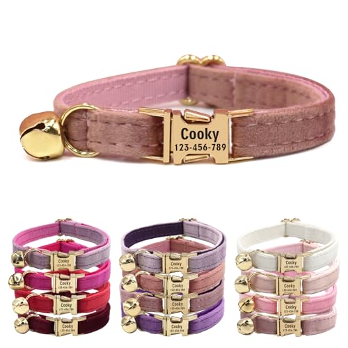 CHRYMPETIC Katzenhalsband aus Samt mit Namen, personalisierbares Katzenhalsband mit Glöckchen, Leine und Fliege erhältlich, (Dusty Rose) von CHRYMPETIC