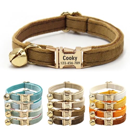 CHRYMPETIC Katzenhalsband aus Samt mit Namen, personalisierbares Katzenhalsband mit Glöckchen, Leine und Fliege erhältlich, Hellbraun von CHRYMPETIC