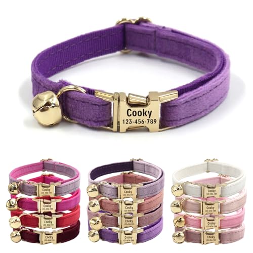CHRYMPETIC Katzenhalsband aus Samt mit Namen, personalisierbares Katzenhalsband mit Glöckchen, Leine und Fliege erhältlich, Violett von CHRYMPETIC
