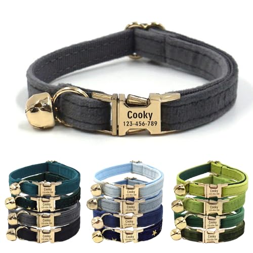 CHRYMPETIC Katzenhalsband aus Samt mit Namen, personalisierbares Katzenhalsband mit Glöckchen, Leine und Fliege erhältlich (Anthrazit) von CHRYMPETIC