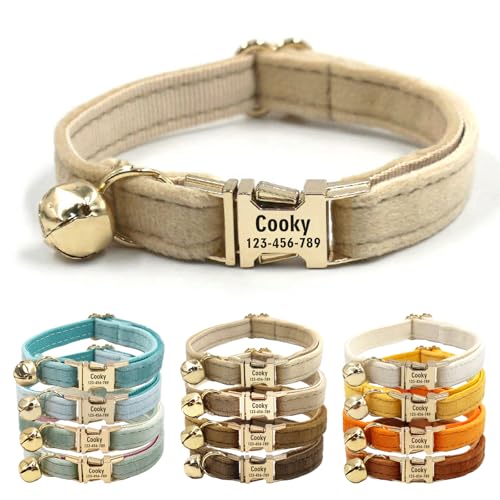CHRYMPETIC Katzenhalsband aus Samt mit Namen, personalisierbares Katzenhalsband mit Glöckchen, Leine und Fliege erhältlich (Beige) von CHRYMPETIC