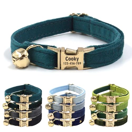 CHRYMPETIC Katzenhalsband aus Samt mit Namen, personalisierbares Katzenhalsband mit Glöckchen, Leine und Fliege erhältlich (Blaugrün) von CHRYMPETIC