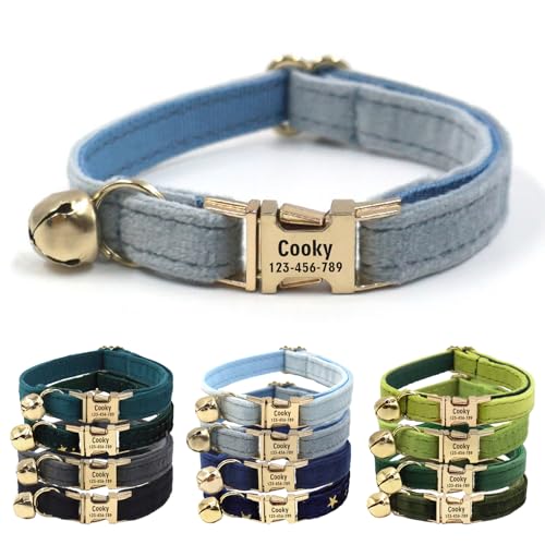 CHRYMPETIC Katzenhalsband aus Samt mit Namen, personalisierbares Katzenhalsband mit Glöckchen, Leine und Fliege erhältlich (Chambray) von CHRYMPETIC