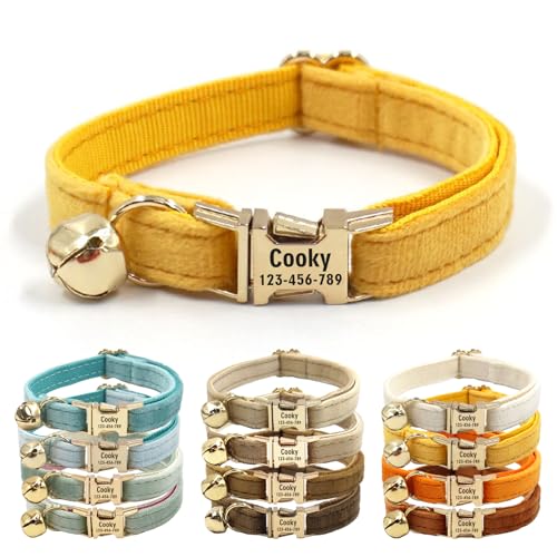 CHRYMPETIC Katzenhalsband aus Samt mit Namen, personalisierbares Katzenhalsband mit Glöckchen, Leine und Fliege erhältlich (Gelb) von CHRYMPETIC