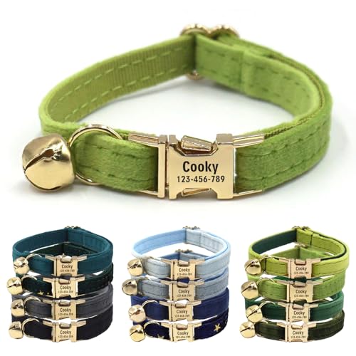 CHRYMPETIC Katzenhalsband aus Samt mit Namen, personalisierbares Katzenhalsband mit Glöckchen, Leine und Fliege erhältlich (Gelb-Grün) von CHRYMPETIC