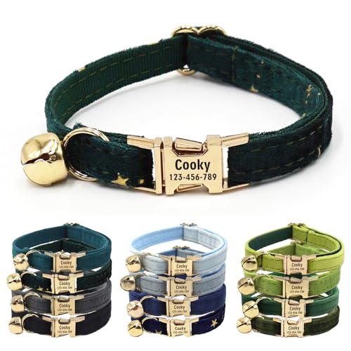 CHRYMPETIC Katzenhalsband aus Samt mit Namen, personalisierbares Katzenhalsband mit Glöckchen, Leine und Fliege erhältlich (Grün) von CHRYMPETIC