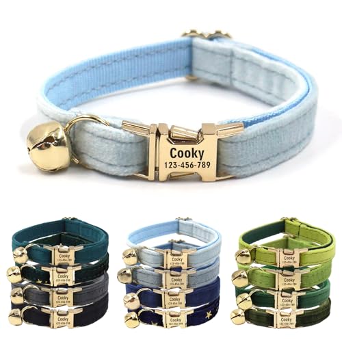 CHRYMPETIC Katzenhalsband aus Samt mit Namen, personalisierbares Katzenhalsband mit Glöckchen, Leine und Fliege erhältlich (Hellblau) von CHRYMPETIC