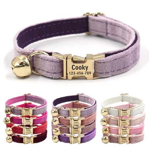 CHRYMPETIC Katzenhalsband aus Samt mit Namen, personalisierbares Katzenhalsband mit Glöckchen, Leine und Fliege erhältlich (Hellviolett) von CHRYMPETIC