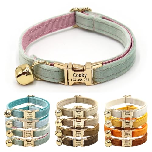 CHRYMPETIC Katzenhalsband aus Samt mit Namen, personalisierbares Katzenhalsband mit Glöckchen, Leine und Fliege erhältlich (Minzgrün) von CHRYMPETIC