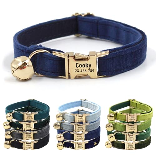CHRYMPETIC Katzenhalsband aus Samt mit Namen, personalisierbares Katzenhalsband mit Glöckchen, Leine und Fliege erhältlich (Mitternachtsblau) von CHRYMPETIC