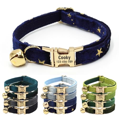 CHRYMPETIC Katzenhalsband aus Samt mit Namen, personalisierbares Katzenhalsband mit Glöckchen, Leine und Fliege erhältlich (Mitternachtsblau-Stern) von CHRYMPETIC