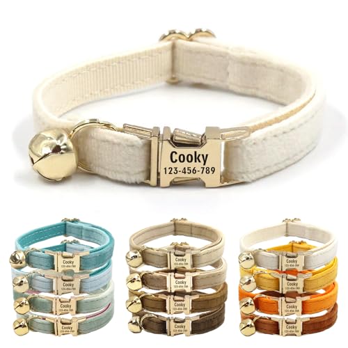 CHRYMPETIC Katzenhalsband aus Samt mit Namen, personalisierbares Katzenhalsband mit Glöckchen, Leine und Fliege erhältlich (Off-White) von CHRYMPETIC