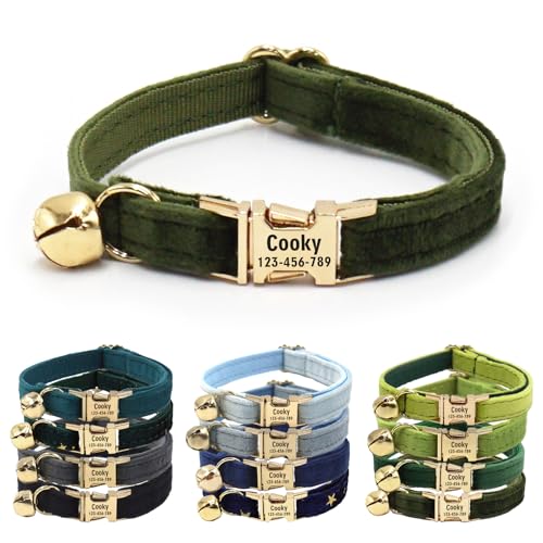 CHRYMPETIC Katzenhalsband aus Samt mit Namen, personalisierbares Katzenhalsband mit Glöckchen, Leine und Fliege erhältlich (Olivgrün) von CHRYMPETIC