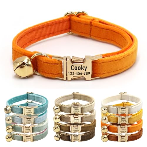 CHRYMPETIC Katzenhalsband aus Samt mit Namen, personalisierbares Katzenhalsband mit Glöckchen, Leine und Fliege erhältlich (Orange) von CHRYMPETIC