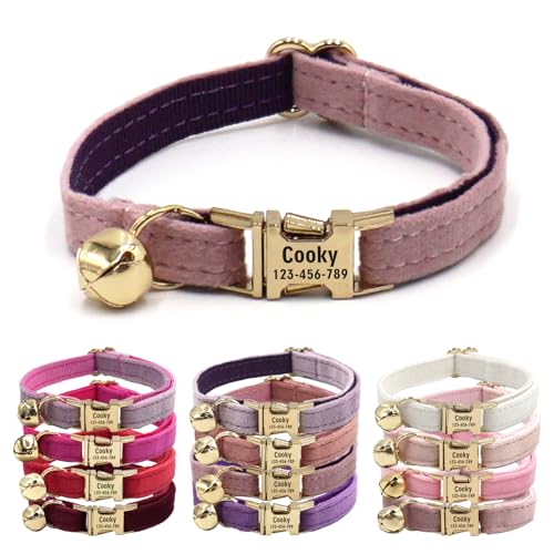 CHRYMPETIC Katzenhalsband aus Samt mit Namen, personalisierbares Katzenhalsband mit Glöckchen, Leine und Fliege erhältlich (Pastellviolett) von CHRYMPETIC
