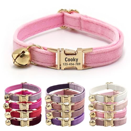 CHRYMPETIC Katzenhalsband aus Samt mit Namen, personalisierbares Katzenhalsband mit Glöckchen, Leine und Fliege erhältlich (Rosa) von CHRYMPETIC