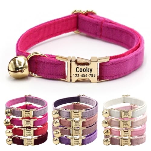 CHRYMPETIC Katzenhalsband aus Samt mit Namen, personalisierbares Katzenhalsband mit Glöckchen, Leine und Fliege erhältlich (Rose) von CHRYMPETIC
