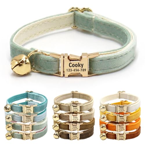 CHRYMPETIC Katzenhalsband aus Samt mit Namen, personalisierbares Katzenhalsband mit Glöckchen, Leine und Fliege erhältlich (Seladon) von CHRYMPETIC