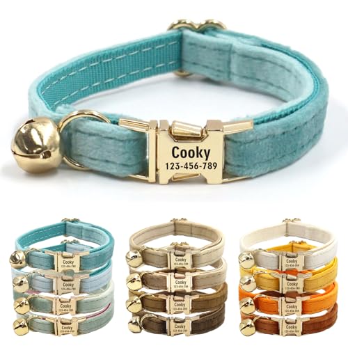 CHRYMPETIC Katzenhalsband aus Samt mit Namen, personalisierbares Katzenhalsband mit Glöckchen, Leine und Fliege erhältlich (Türkis) von CHRYMPETIC