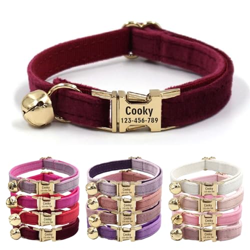 CHRYMPETIC Katzenhalsband aus Samt mit Namen, personalisierbares Katzenhalsband mit Glöckchen, Leine und Fliege erhältlich (Wein) von CHRYMPETIC