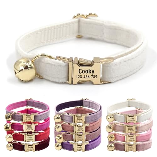 CHRYMPETIC Katzenhalsband aus Samt mit Namen, personalisierbares Katzenhalsband mit Glöckchen, Leine und Fliege erhältlich (Weiß) von CHRYMPETIC