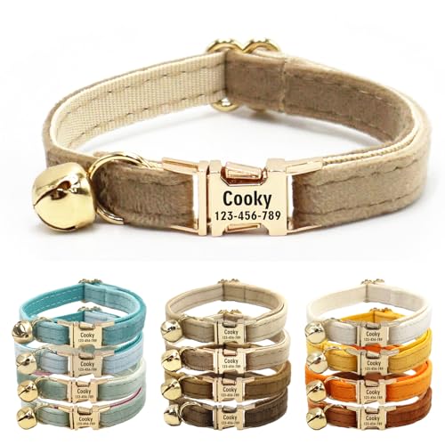 CHRYMPETIC Katzenhalsband aus Samt mit Namen, personalisierbares Katzenhalsband mit Glöckchen, Leine und Fliege erhältlich (warmes Grau) von CHRYMPETIC