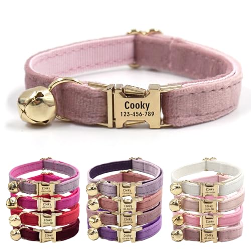 CHRYMPETIC Katzenhalsband aus Samt mit Namen, personalisierbares Katzenhalsband mit Glöckchen, Leine und Fliege erhältlich (zartes Rosa) von CHRYMPETIC