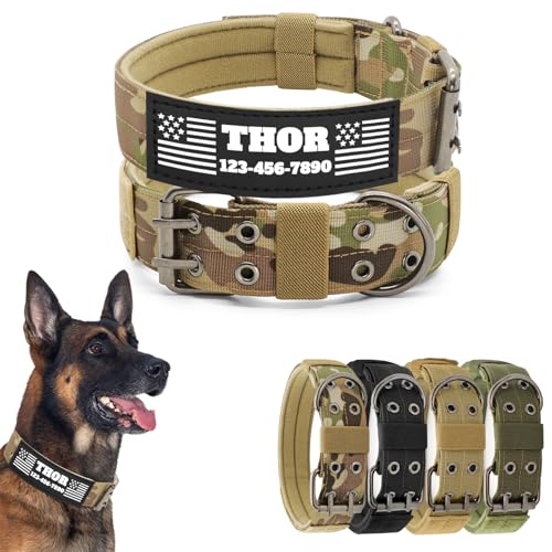 CHRYMPETIC Taktisches Hundehalsband mit anpassbarem Namen und Textaufnäher, Nylon-Halsband mit robuster Metallschnalle für mittelgroße und große Hunde, passende Leine erhältlich (Camo, L) von CHRYMPETIC