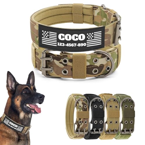 CHRYMPETIC Taktisches Hundehalsband mit anpassbarem Namen und Textaufnäher, Nylon-Halsband mit robuster Metallschnalle für mittelgroße und große Hunde, passende Leine erhältlich (Camo, M) von CHRYMPETIC