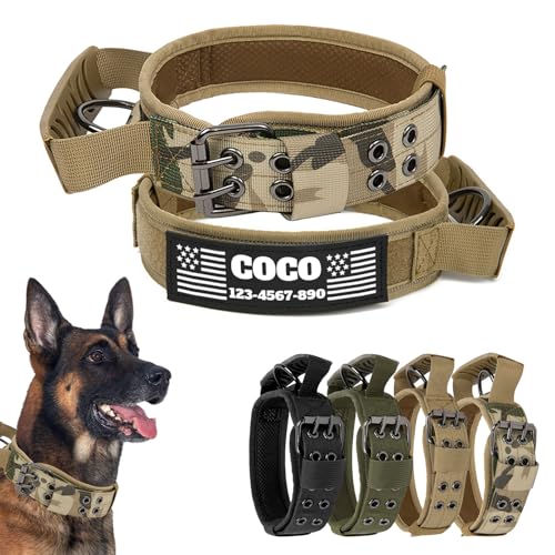 CHRYMPETIC Taktisches Hundehalsband mit anpassbarem Namen und Textaufnäher, Nylon-Halsband mit robuster Metallschnalle für mittelgroße und große Hunde, passende Leine erhältlich (Camo-Griff, M) von CHRYMPETIC