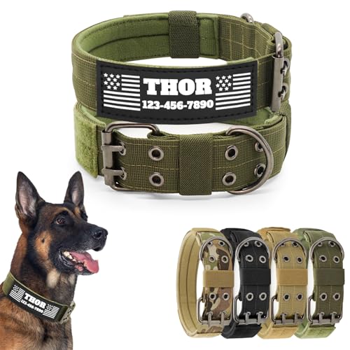 CHRYMPETIC Taktisches Hundehalsband mit anpassbarem Namen und Textaufnäher, Nylon-Halsband mit robuster Metallschnalle für mittelgroße und große Hunde, passende Leine erhältlich (Grün, M) von CHRYMPETIC