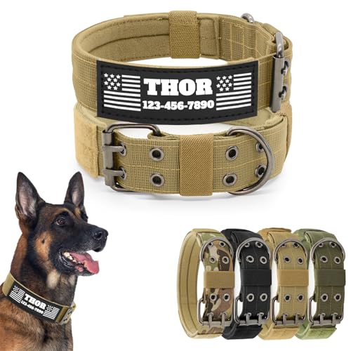 CHRYMPETIC Taktisches Hundehalsband mit anpassbarem Namen und Textaufnäher, Nylon-Halsband mit robuster Metallschnalle für mittelgroße und große Hunde, passende Leine erhältlich (Khaki, L) von CHRYMPETIC