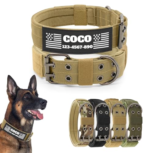 CHRYMPETIC Taktisches Hundehalsband mit anpassbarem Namen und Textaufnäher, Nylon-Halsband mit robuster Metallschnalle für mittelgroße und große Hunde, passende Leine erhältlich (Khaki, M) von CHRYMPETIC