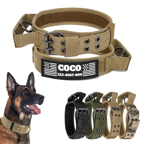 CHRYMPETIC Taktisches Hundehalsband mit anpassbarem Namen und Textaufnäher, Nylon-Halsband mit robuster Metallschnalle für mittelgroße und große Hunde, passende Leine erhältlich (Khaki-Griff, M) von CHRYMPETIC