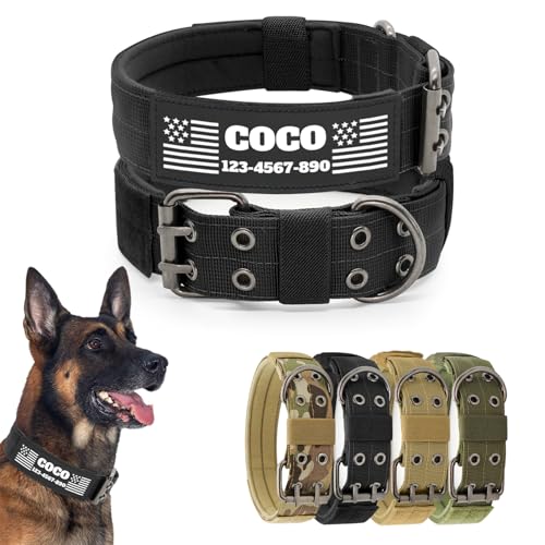 CHRYMPETIC Taktisches Hundehalsband mit anpassbarem Namen und Textaufnäher, Nylon-Halsband mit robuster Metallschnalle für mittelgroße und große Hunde, passende Leine erhältlich (Schwarz, M) von CHRYMPETIC